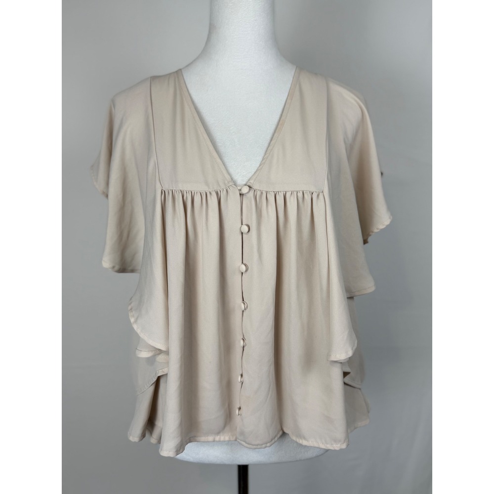 Express Women Blouse M Beige Ruffle Button Front Babydoll Flutter Sleeve